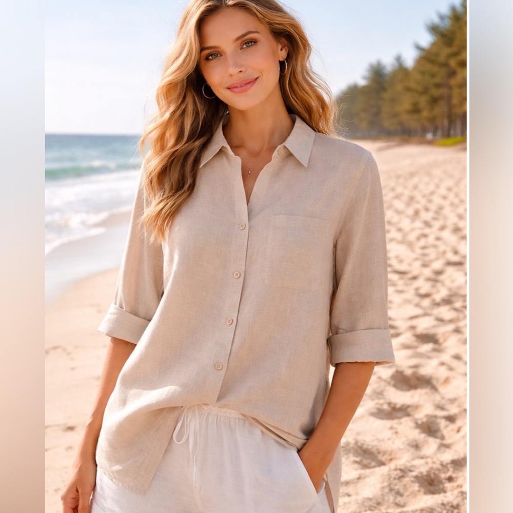 Chico's No Iron Linen Button Down Shirt NWT Size 2 - 12-14